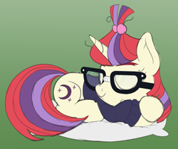 Size: 1725x1450 | Tagged: safe, artist:nitei, moondancer, pony, unicorn, atg 2020, clothes, eyes closed, female, glasses, gradient background, hairband, mare, newbie artist training grounds, pillow, prone, sleeping, solo