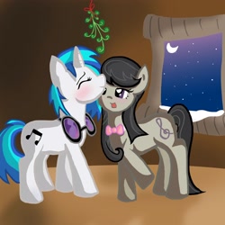 Size: 3500x3500 | Tagged: dead source, safe, artist:walldaisy, dj pon-3, octavia melody, vinyl scratch, earth pony, pony, blushing, christmas, female, lesbian, mistletoe, scratchtavia, shipping