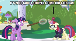 Size: 739x406 | Tagged: safe, edit, edited screencap, screencap, lemon hearts, moondancer, twilight sparkle, twilight sparkle (alicorn), alicorn, earth pony, unicorn, amending fences, apple, cake, food, glowing horn, horn, magic, pie, piñata, sad, stick, talking, telekinesis