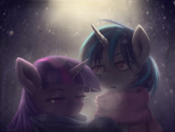 Size: 1031x774 | Tagged: safe, artist:swaetshrit, dj pon-3, twilight sparkle, vinyl scratch, pony, unicorn, breath, clothes, scarf, snow