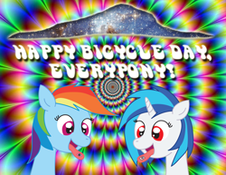 Size: 3300x2550 | Tagged: safe, artist:lumenglace, dj pon-3, rainbow dash, vinyl scratch, pegasus, pony, unicorn, bicycle day, drugs, lsd, psychedelic