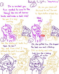 Size: 4779x6013 | Tagged: safe, artist:adorkabletwilightandfriends, moondancer, starlight glimmer, twilight sparkle, twilight sparkle (alicorn), alicorn, pony, unicorn, comic:adorkable twilight and friends, adorkable, adorkable twilight, book, clothes, comic, cute, dating, dork, friendship, humor, library, magic, romance, sweater, wing mare