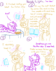 Size: 4779x6013 | Tagged: safe, artist:adorkabletwilightandfriends, moondancer, twilight sparkle, twilight sparkle (alicorn), alicorn, comic:adorkable twilight and friends, adorkable, adorkable twilight, bed, book, comic, cute, dork, family, fanfic, female, friendship, happy, humor, lying down, magic, reading, siblings, sisters