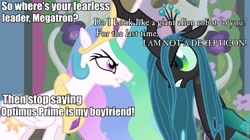 Size: 744x417 | Tagged: safe, edit, edited screencap, screencap, princess celestia, queen chrysalis, alicorn, changeling, changeling queen, pony, a canterlot wedding, female, fight, image macro, meme, transformers