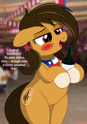Size: 2796x4000 | Tagged: safe, artist:an-tonio, oc, oc only, oc:chilenia, earth pony, pony, alcohol, bipedal, blushing, chile, chubby, drunk, female, floppy ears, holding, mare, nation ponies, open mouth, ponified, smiling, socks (coat marking), solo, spanish, text, wine, wine bottle