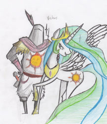 Size: 900x1042 | Tagged: dead source, safe, artist:sirqwerty, princess celestia, alicorn, pony, crossover, dark souls, solaire of astora, traditional art