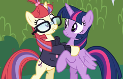 Size: 1455x936 | Tagged: safe, screencap, moondancer, twilight sparkle, twilight sparkle (alicorn), alicorn, pony, unicorn, amending fences, bipedal, cropped, duo, excited, glasses, smiling, wings