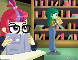 Size: 4000x3090 | Tagged: safe, artist:dieart77, moondancer, wallflower blush, equestria girls, book, bookshelf, clothes, commission, equestria girls-ified, freckles, glasses, library, moonflower (ship), pants, shoes, sweater