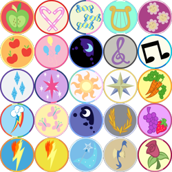 Size: 1118x1118 | Tagged: safe, applejack, berry punch, berryshine, big macintosh, bon bon, caesar, carrot top, cheerilee, dj pon-3, fluttershy, golden harvest, lyra heartstrings, mayor mare, nightmare moon, octavia melody, pinkie pie, prince blueblood, princess celestia, princess luna, rainbow dash, rarity, roseluck, spitfire, sweetie drops, trixie, twilight sparkle, twist, vinyl scratch, cutie mark, emblem, male, no pony, simple background, stallion, transparent background