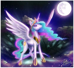 Size: 1086x992 | Tagged: safe, artist:14-bis, princess celestia, alicorn, pony, beautiful, crown, ethereal mane, ethereal tail, female, flowing mane, flowing tail, hoof shoes, jewelry, majestic, mare, mare in the moon, moon, multicolored mane, multicolored tail, night, peytral, praise the sun, purple eyes, regalia, royalty, solo, sparkles, spread wings, tiara