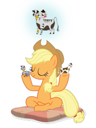 Size: 1163x1545 | Tagged: safe, applejack, daisy jo, zecora, cow, earth pony, pony, zebra, a rockhoof and a hard place, chubby, conjoined, crossed legs, fusion, jocora, meditation, multiple heads, show accurate, simple background, transparent background, two heads, udder, vector, wat, we have become one, what has magic done, zebrow