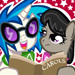 Size: 250x250 | Tagged: safe, artist:ladypixelheart, dj pon-3, octavia melody, vinyl scratch, earth pony, pony, book, caroling, christmas, singing