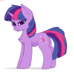 Size: 1024x1024 | Tagged: safe, artist:glazirka, twilight sparkle, unicorn twilight, pony, unicorn, chest fluff, female, lidded eyes, looking at you, mare, simple background, smiling, solo, white background