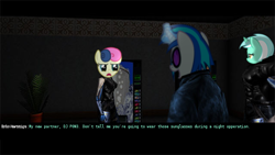 Size: 640x360 | Tagged: safe, edit, bon bon, dj pon-3, lyra heartstrings, sweetie drops, vinyl scratch, pony, unicorn, anna navarre, augmented, bon bon is not amused, deus ex, gunther hermann, text, vending machine