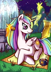 Size: 1240x1753 | Tagged: safe, artist:lexx2dot0, princess celestia, alicorn, pony, comb, fairy, female, reading, scroll, tea