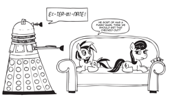 Size: 2649x1565 | Tagged: safe, artist:lumenglace, dj pon-3, octavia melody, vinyl scratch, earth pony, pony, crossover, dalek, doctor who, lineart, monochrome, pet, sofa