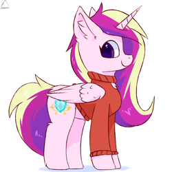 Size: 1200x1200 | Tagged: safe, artist:glazirka, princess cadance, alicorn, pony, alternate hairstyle, chest fluff, clothes, cute, cutedance, ear fluff, female, mare, messy mane, simple background, smiling, solo, sweater, white background