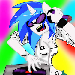 Size: 894x894 | Tagged: safe, artist:nekolyz, dj pon-3, vinyl scratch, anthro, cleavage, female, headphones, human facial structure