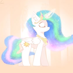 Size: 1200x1200 | Tagged: safe, artist:glazirka, princess celestia, alicorn, pony, ear fluff, eyes closed, female, glowing horn, horn, jewelry, mare, peytral, regalia, smiling, solo