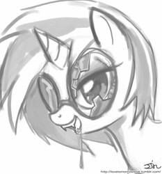 Size: 735x788 | Tagged: safe, artist:johnjoseco, dj pon-3, vinyl scratch, pony, unicorn, vampire, vampony, bedroom eyes, black and white, broken glass, broken glasses, drool, fangs, female, glasses, grayscale, horn, kitchen eyes, mare, monochrome, open mouth, simple background, solo, sunglasses, vinyl the vampire, white background