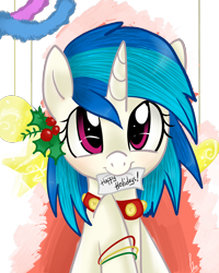 Size: 2000x2500 | Tagged: safe, artist:marisalle, dj pon-3, vinyl scratch, pony, unicorn, bell collar, collar, holly, jingle bells, mouth hold