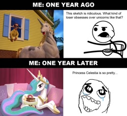 Size: 960x870 | Tagged: safe, artist:johnjoseco, princess celestia, alicorn, pony, unicorn, hilarious in hindsight, meta, nerd, robot chicken, self deprecation