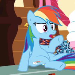 Size: 270x270 | Tagged: safe, screencap, rainbow dash, pegasus, pony, maud pie (episode), animated, belly, chubby, chubby dash, cropped, rock candy, solo, stuffed, weight gain
