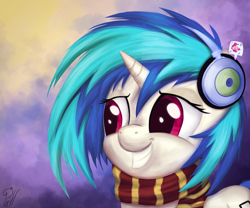 Size: 3600x3000 | Tagged: safe, artist:pirill, dj pon-3, pinkie pie, vinyl scratch, pony, clothes, grin, headphones, scarf, smiling