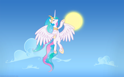 Size: 1920x1200 | Tagged: safe, artist:pozdn9k, princess celestia, alicorn, pony, celestial mechanics, flying, solo, sun