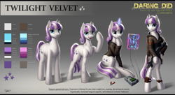 Size: 4057x2212 | Tagged: safe, artist:l1nkoln, twilight velvet, pony, unicorn, fanfic:spectrum of lightning, series:daring did tales of an adventurer's companion, badass, bipedal, breadboard, chubby, clothes, electricity, fanfic art, female, fit, gun, hood, implied daring do, jacket, leather jacket, magic, mare, muscles, oscilloscope, plump, reference sheet, rifle, ripped, scar, solo, toned, weapon, weight loss