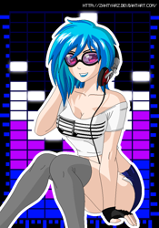 Size: 700x1000 | Tagged: safe, artist:zantyarz, dj pon-3, vinyl scratch, human, breasts, clothes, female, fingerless gloves, gloves, headphones, humanized, smiling, socks, solo, stockings