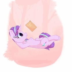 Size: 1500x1500 | Tagged: safe, artist:glazirka, starlight glimmer, pony, unicorn, book, female, hammock, lying down, mare, reading, smiling, solo