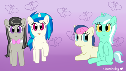 Size: 1920x1080 | Tagged: safe, artist:verminshy, bon bon, dj pon-3, lyra heartstrings, octavia melody, sweetie drops, vinyl scratch, butterfly, earth pony, pony, cute, filly