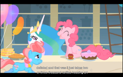 Size: 1024x640 | Tagged: safe, screencap, cup cake, pinkie pie, princess celestia, alicorn, earth pony, pony, a bird in the hoof, youtube caption