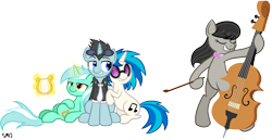 Size: 2707x1396 | Tagged: safe, artist:serenamidori, dj pon-3, lyra heartstrings, neon lights, octavia melody, rising star, vinyl scratch, earth pony, pony, female, harem, male, shipping, straight, vinylights