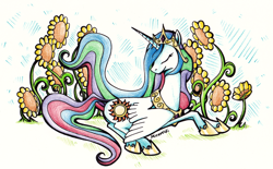 Size: 700x434 | Tagged: dead source, safe, artist:miraveldi, princess celestia, alicorn, pony, eyes closed, flower, solo, sunflower, traditional art