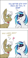 Size: 1058x2144 | Tagged: safe, artist:narbevoguel, dj pon-3, frederic horseshoepin, vinyl scratch, pony, unicorn, female, flirting, fredscratch, male, shipping, straight, surprised