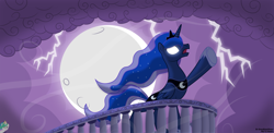 Size: 5000x2445 | Tagged: safe, artist:spacekingofspace, princess celestia, princess luna, alicorn, pony, balcony, female, glowing eyes, lightning, mare, moon, raised hoof