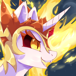 Size: 1500x1500 | Tagged: safe, artist:glazirka, daybreaker, alicorn, pony, colored pupils, fangs, female, horn, jewelry, mane of fire, open mouth, regalia, smiling, solo, teeth