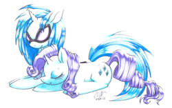 Size: 900x566 | Tagged: safe, artist:digsie, dj pon-3, rarity, vinyl scratch, pony, unicorn, female, lesbian, rariscratch, shipping