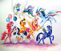 Size: 800x661 | Tagged: safe, artist:lucky978, applejack, fluttershy, pinkie pie, princess celestia, rainbow dash, rarity, twilight sparkle, alicorn, earth pony, pegasus, pony, unicorn, mane six, traditional art