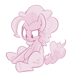 Size: 392x420 | Tagged: source needed, safe, artist:shoutingisfun, pinkie pie, earth pony, pony, chubby, ear fluff, female, mare, monochrome, perplexed, simple background, sitting, solo, white background