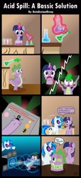 Size: 1500x3300 | Tagged: safe, artist:notadeviantbrony, dj pon-3, spike, twilight sparkle, vinyl scratch, dragon, pony, unicorn, bass cannon, comic, pun