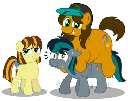 Size: 4875x3850 | Tagged: safe, artist:aleximusprime, oc, oc:alex the chubby pony, oc:blackgryph0n, earth pony, pegasus, pony, aleximusprime, blackgryph0n, bow, cap, chubby, female, filly, funny, hat, heavy, holding up, male, michelle creber, ponified, puffy cheeks, recreation, stallion, sweat, tail bow, trio