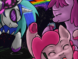 Size: 818x616 | Tagged: safe, artist:colorlesscupcake, berry punch, berryshine, dj pon-3, pinkie pie, vinyl scratch, earth pony, pony, unicorn, unshorn fetlocks