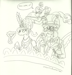 Size: 850x882 | Tagged: safe, artist:unoservix, discord, princess celestia, screwball, alicorn, pony, classy, clothes, date, dress, glass, hat, magic, monochrome, monocle, moustache, opera, propeller hat, suit, swag, swirly eyes, waitress