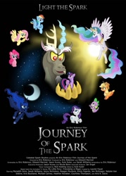 Size: 1000x1400 | Tagged: safe, applejack, discord, fluttershy, pinkie pie, princess celestia, princess luna, rainbow dash, rarity, spike, twilight sparkle, alicorn, dragon, earth pony, pegasus, pony, unicorn, journey of the spark, moon, movie poster, sun