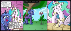 Size: 1500x656 | Tagged: safe, artist:madmax, princess celestia, princess luna, alicorn, pony, april fools, bow, clothes, comic, dress, fan, horn ring, pun, s1 luna, tail bow, tears of joy, this will end in tears and/or a journey to the moon, trollestia