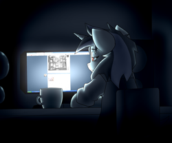 Size: 1280x1066 | Tagged: safe, artist:efrejok, dj pon-3, vinyl scratch, anthro, ask sleepless vinyl, computer, dark, glow, solo