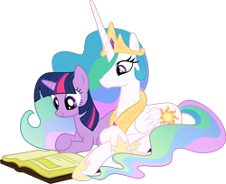 Size: 4199x3418 | Tagged: safe, artist:takua770, princess celestia, twilight sparkle, alicorn, pony, absurd resolution, reading, simple background, transparent background, vector